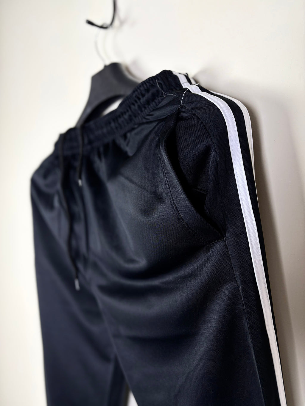 Men's Tapered Athletic Track Pants - Black with Contrast Side Stripes & Elastic Waist