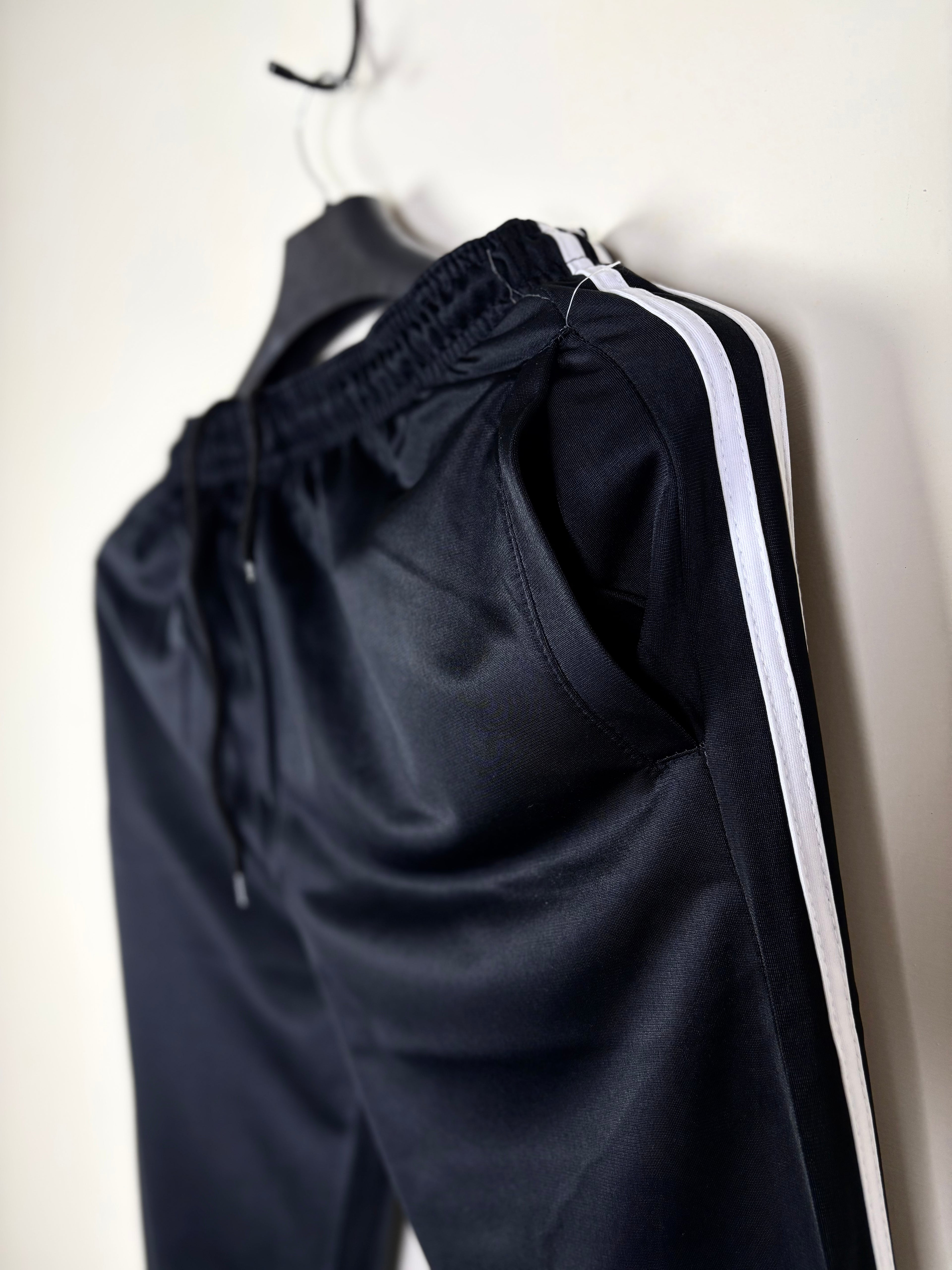 Men's Tapered Athletic Track Pants - Black with Contrast Side Stripes & Elastic Waist