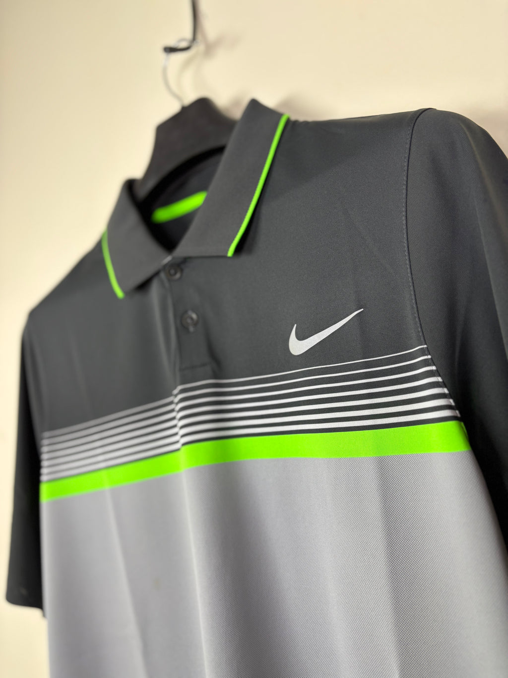 Nike Dri-FIT Men's Performance Polo - Gray Gradient with Neon Green Stripe Accents