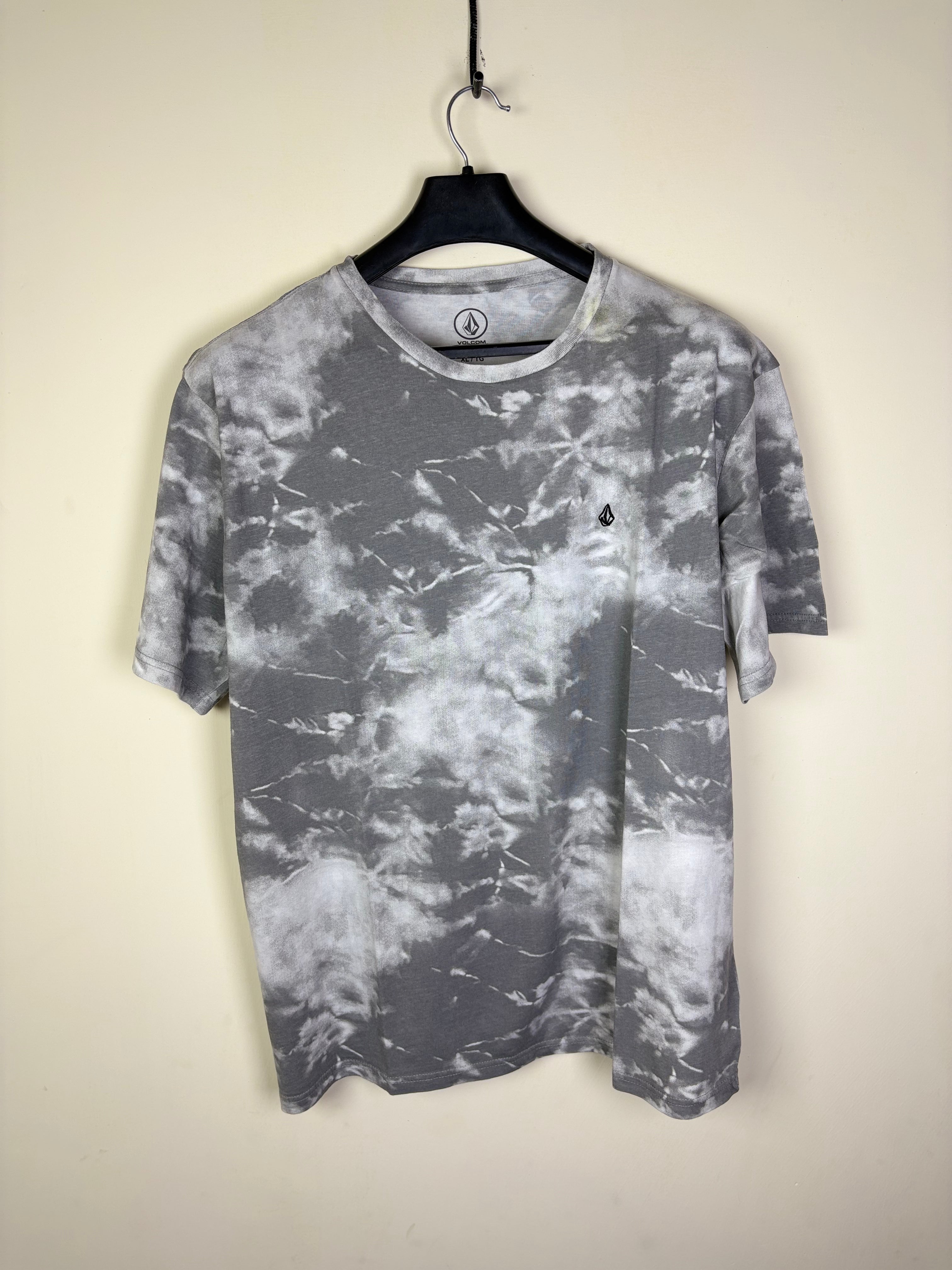 Volcom Men's Stone Logo Graphic T-Shirt - Gray & White Acid Wash / Tie-Dye Finish