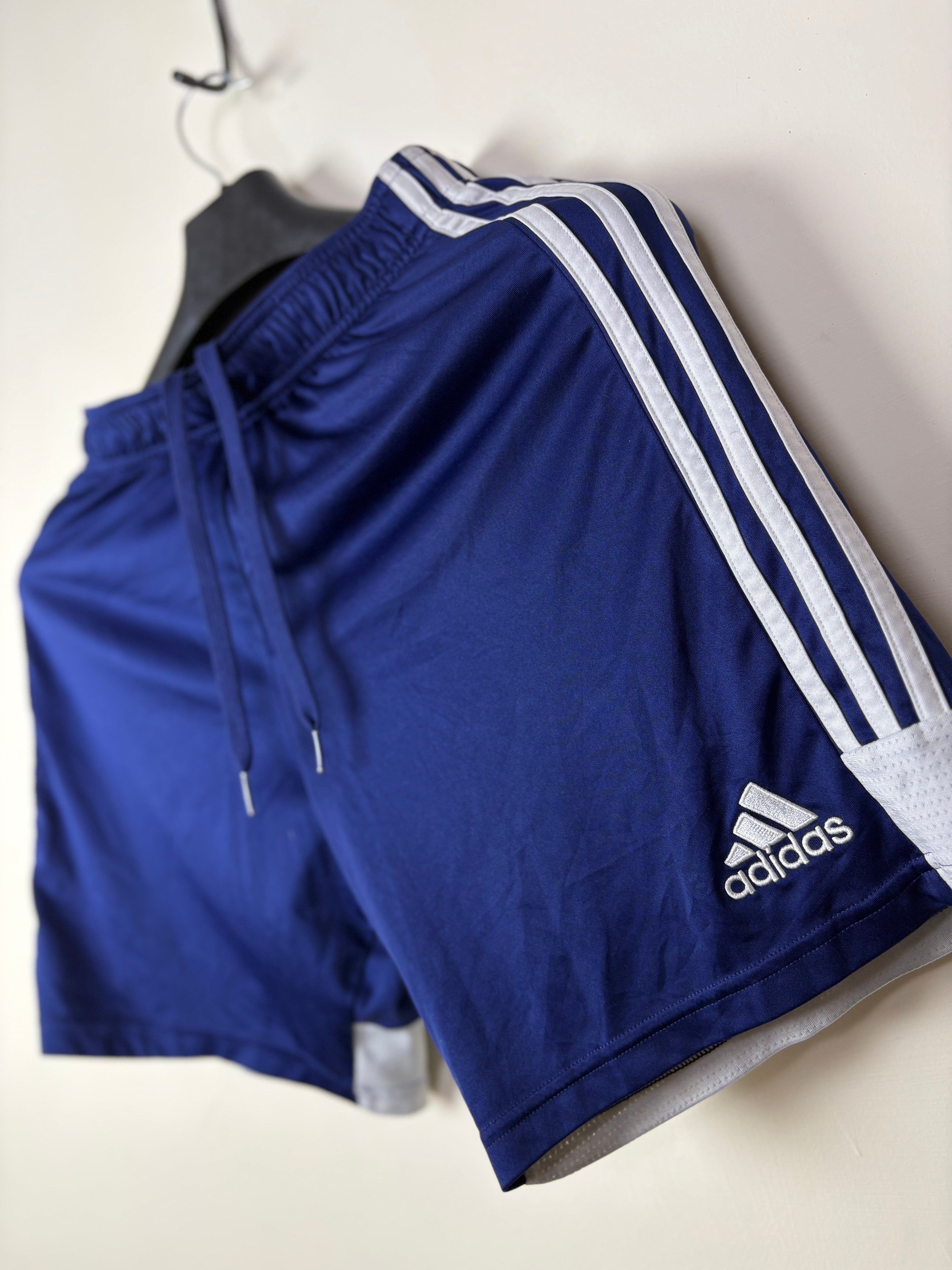 Adidas 3-Stripe Navy Blue Athletic Shorts with White Side Panels - Men's Size Medium