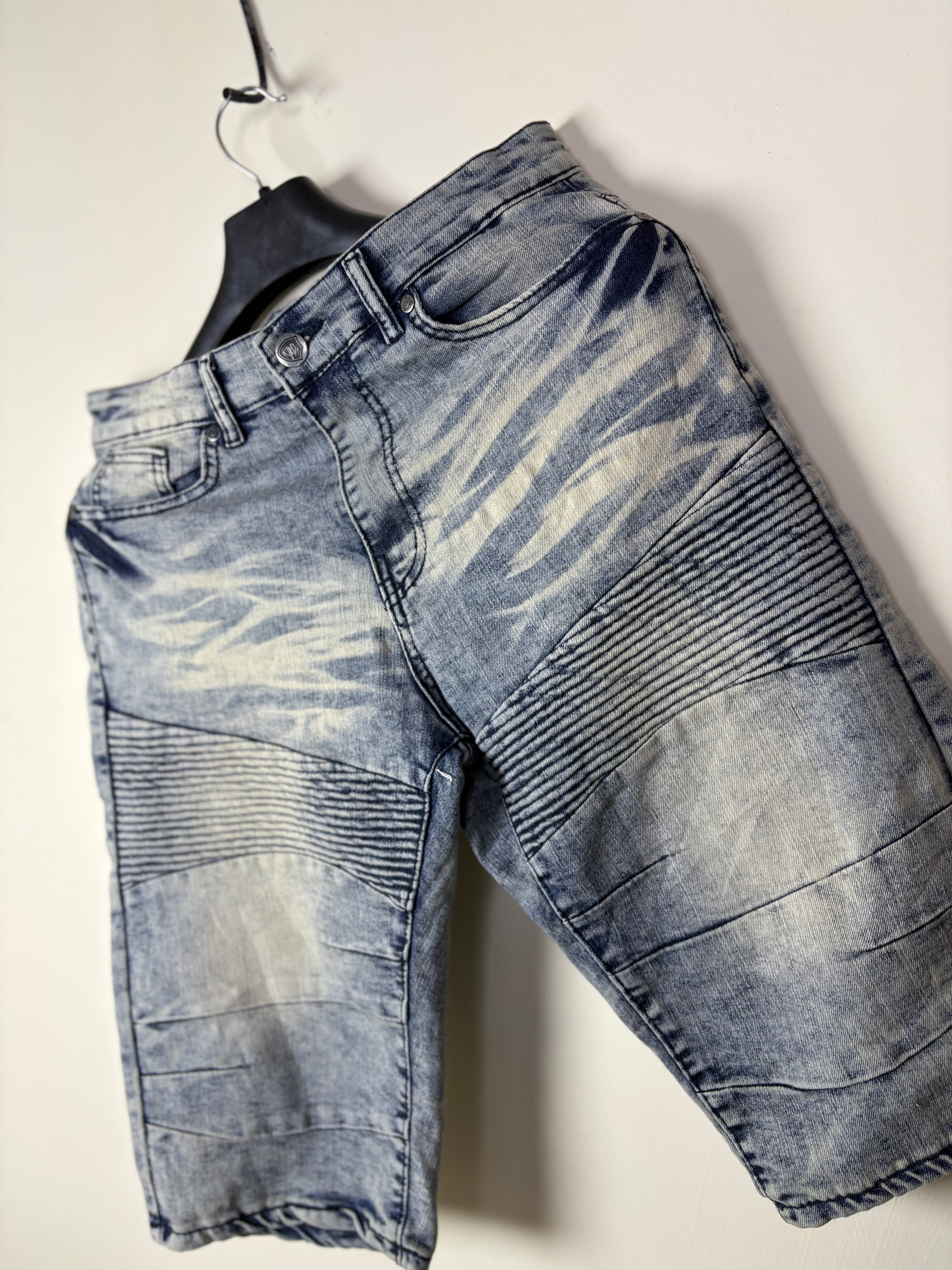 ENCRYPTED Men's Textured Moto Denim Shorts - Medium Wash